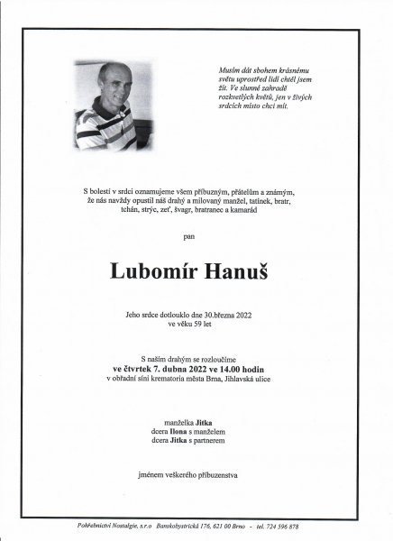3. 4. 2022 Opustil nás pan Lubomír Hanuš